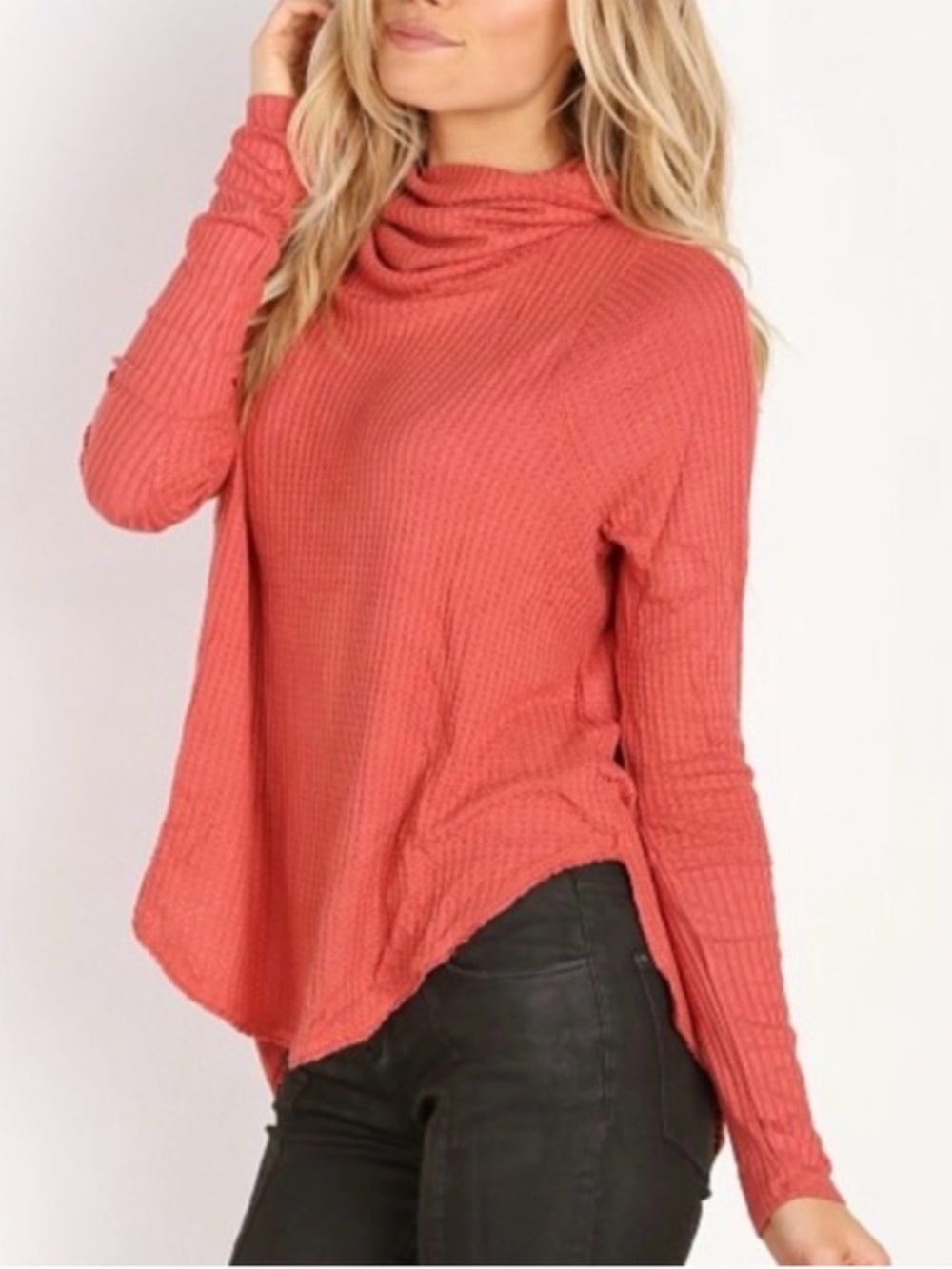 We the Free Women's Kristina Waffle Knit Top Cowl Neck Medium Rust Red